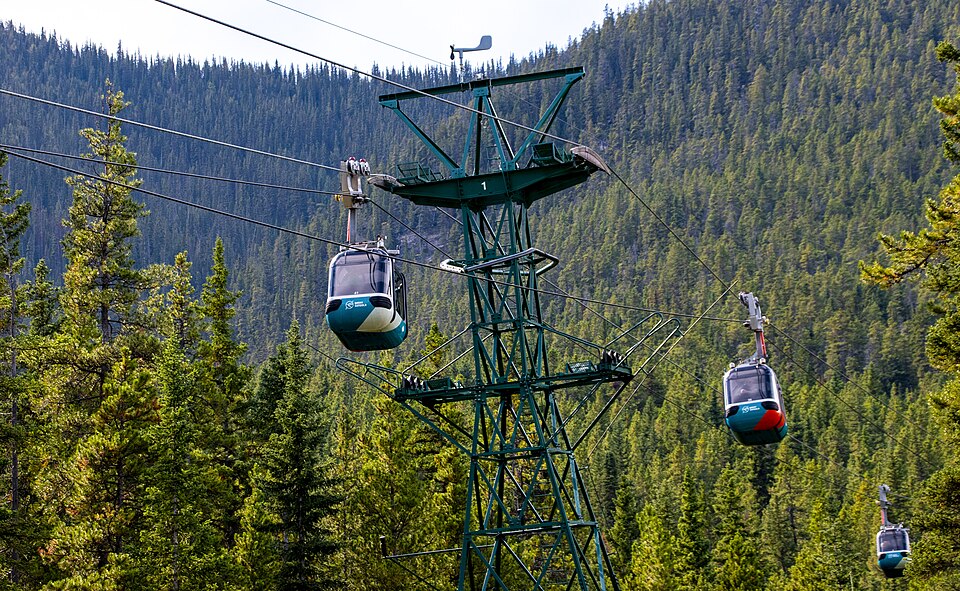 Banff Gondola cable cars traveling over evergreen forest in the Canadian Rockies