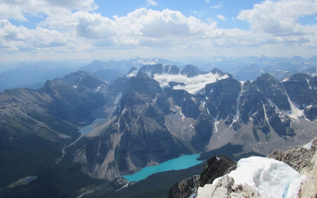 Aerial view of Moraine Lake and the Canadian Rockies in Banff National Park
