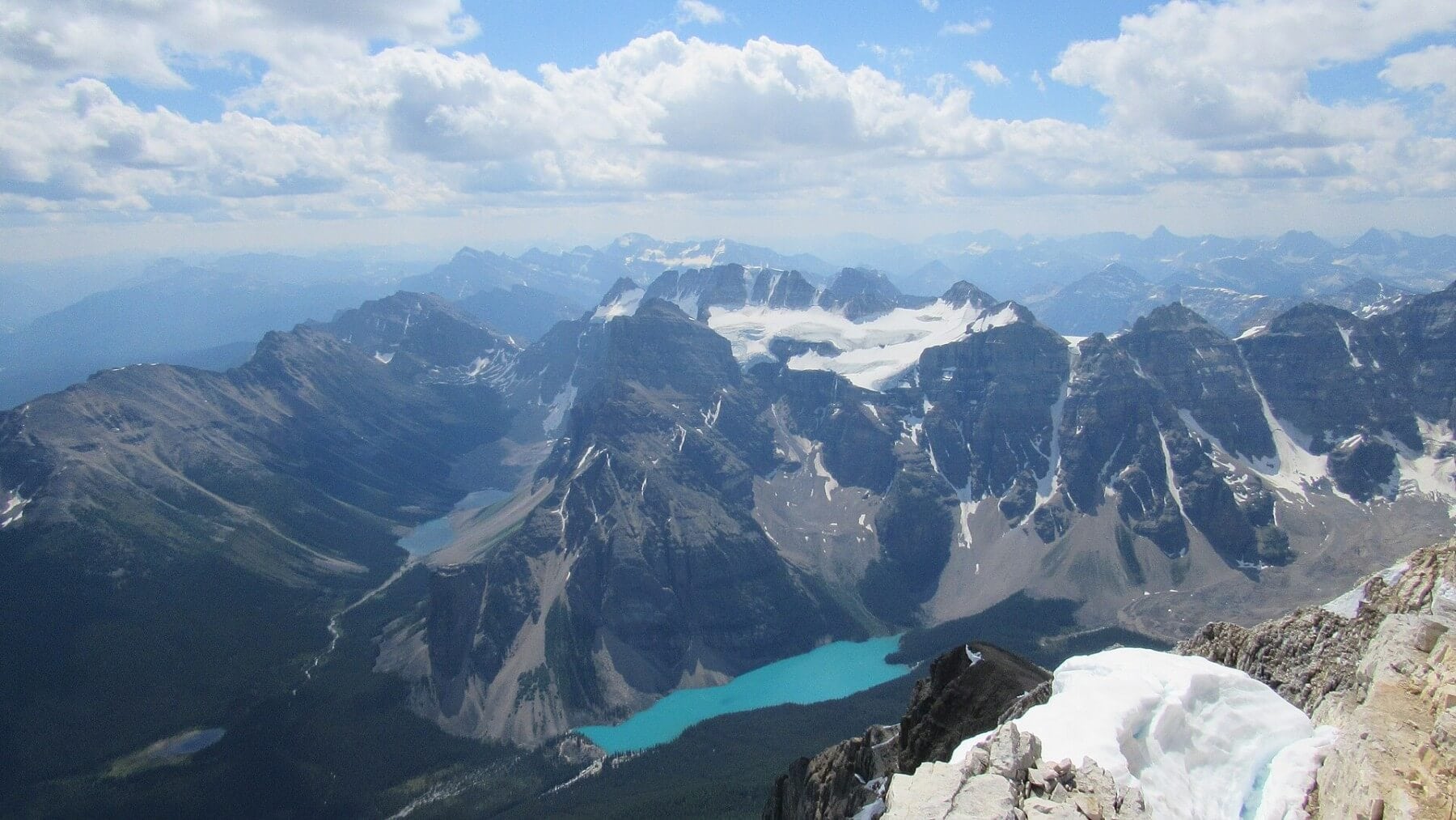 Aerial view of Moraine Lake and the Canadian Rockies in Banff National Park