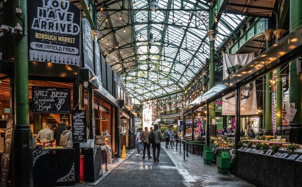 Borough Market in London with food stalls and visitors