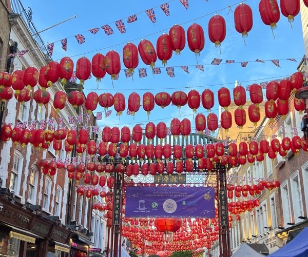 Red lanterns decorating Chinatown in London, England