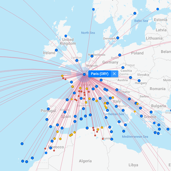 Flight route map showing Paris Orly Airport as a major European gateway with connections to destinations across Europe, North Africa, and the Mediterranean region.