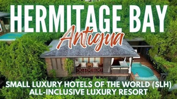 YouTube video thumbnail featuring Hermitage Bay Antigua, an all-inclusive Small Luxury Hotels of the World resort with private pool villas and Hilton Honors redemption opportunities.