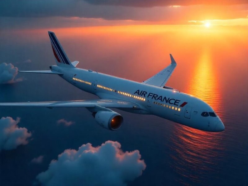 Air France aircraft flying over the ocean at sunset representing international trip planning and travel rewards strategy