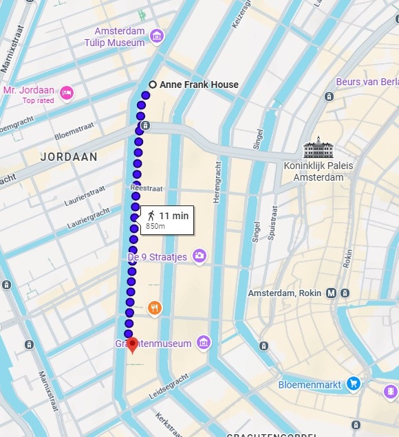 Map showing Andaz Amsterdam Prinsengracht hotel location and the 11-minute walking route to the Anne Frank House through Amsterdam's Nine Streets district.