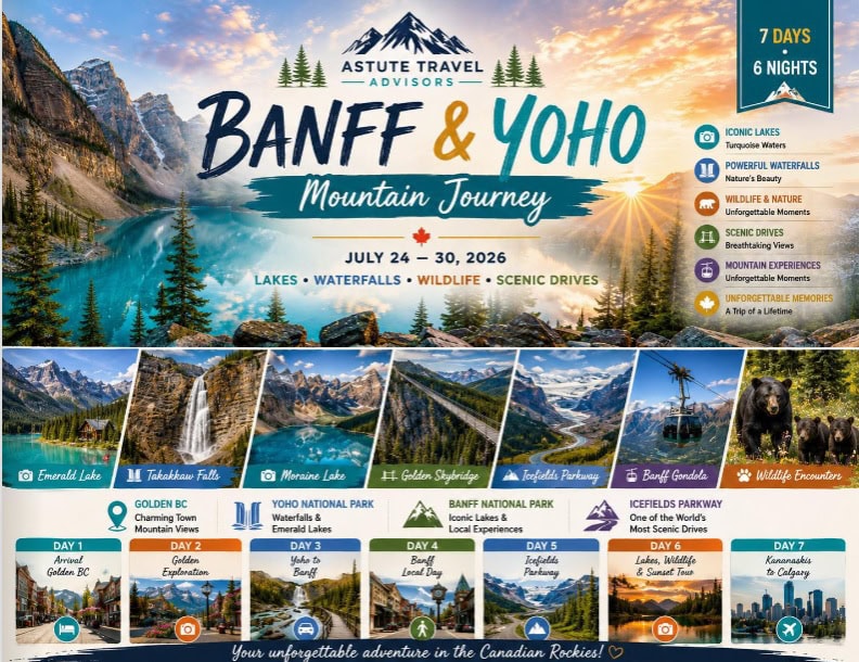 Cover image for the Banff & Yoho Mountain Journey travel planning magazine featuring lakes, waterfalls, wildlife, scenic drives, and a seven-day itinerary.