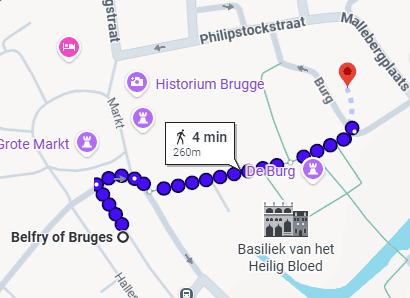 Map showing Crowne Plaza Bruges location just a four-minute walk from the Belfry of Bruges and Market Square in the historic city center.