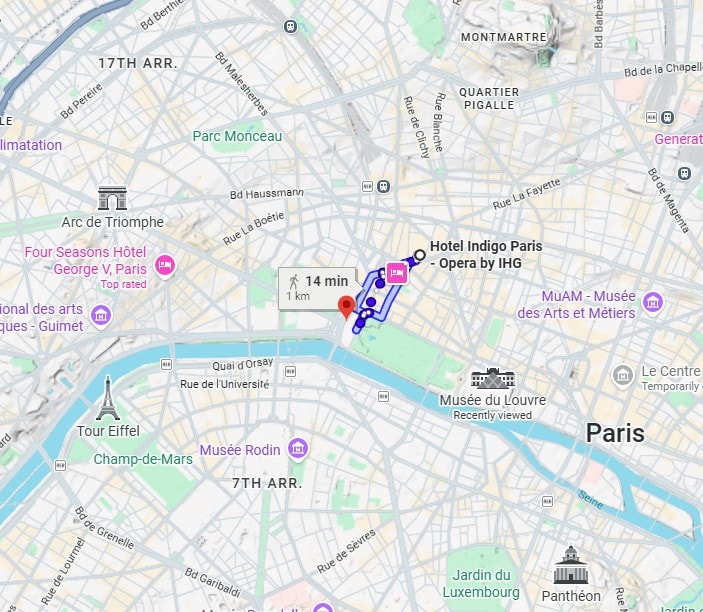 Map showing Hotel Indigo Paris Opera location in central Paris with convenient access to the Louvre, Place de la Concorde, the Seine River, and other major attractions.