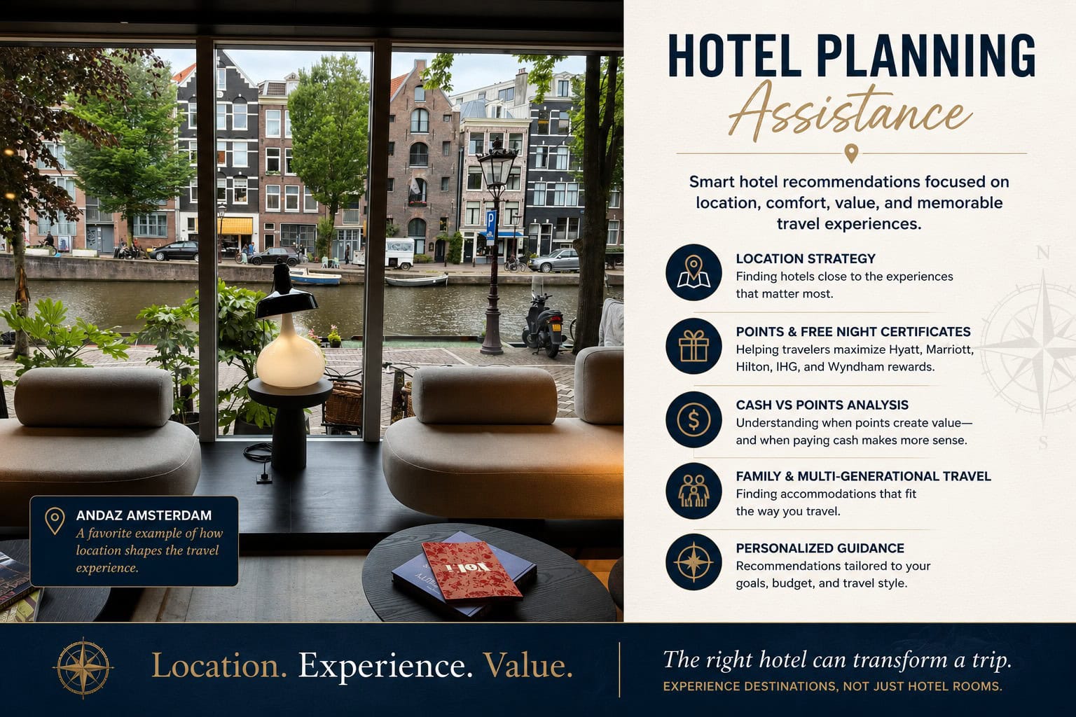 Hotel Planning Assistance service page hero image featuring the Andaz Amsterdam canal-side lobby and Astute Travel Advisors' hotel planning approach focused on location, value, points strategy, and travel experiences.