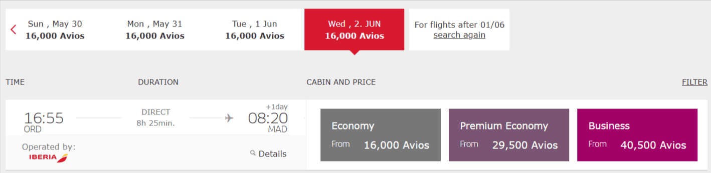 Iberia award flight search showing business class availability from Chicago to Madrid for 40,500 Avios when booked early.