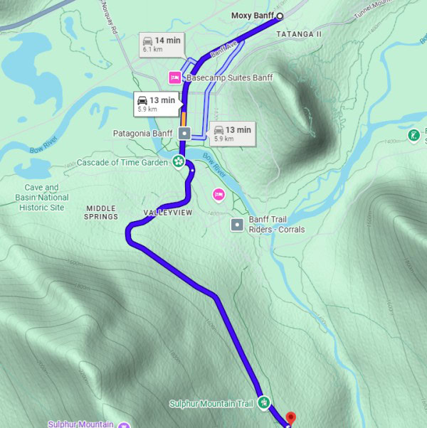 Map showing Moxy Banff hotel location and route to the Banff Gondola, illustrating convenient access to one of Banff National Park's most popular attractions.