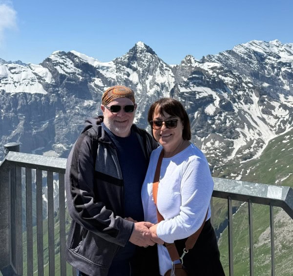 Randy and Leslie overlooking the Swiss Alps during their 50th wedding anniversary trip through Switzerland.