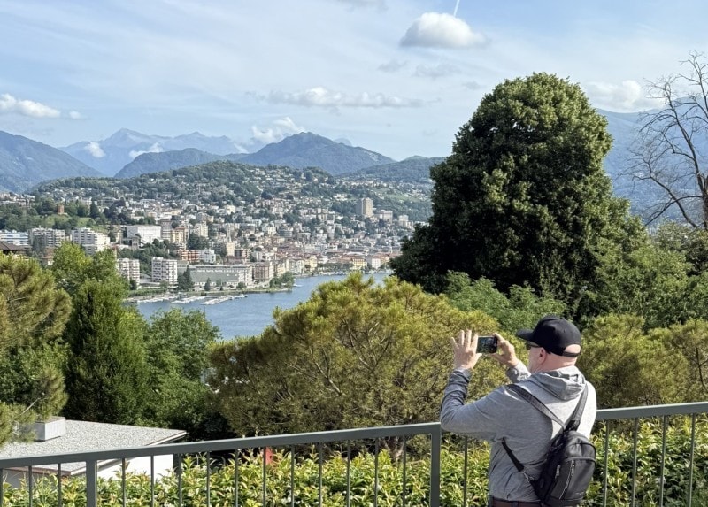 View of Lake Lugano and the surrounding mountains from The View Lugano hotel in Switzerland.