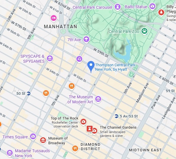 Map showing Thompson Central Park New York hotel location near Central Park, Rockefeller Center, Broadway, and Midtown Manhattan attractions.