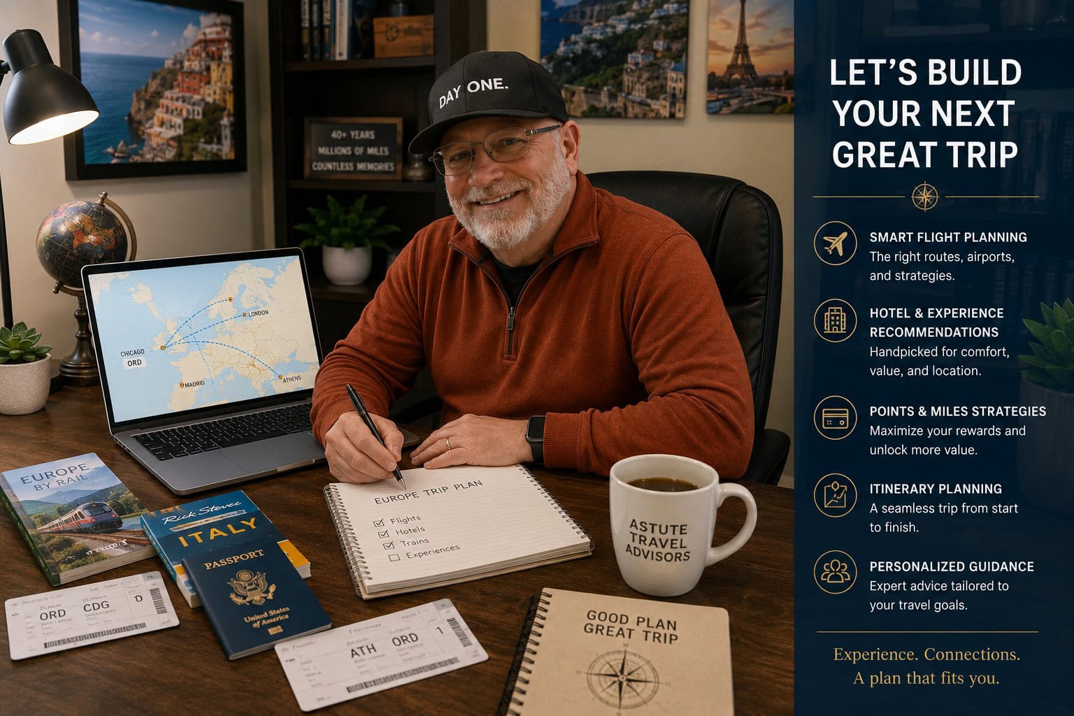 Travel advisor planning a European trip from a home office with route maps, passport, boarding passes, travel guides, and points-and-miles strategy resources.
