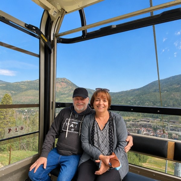 Randy and Leslie riding a mountain gondola in Vail, Colorado.