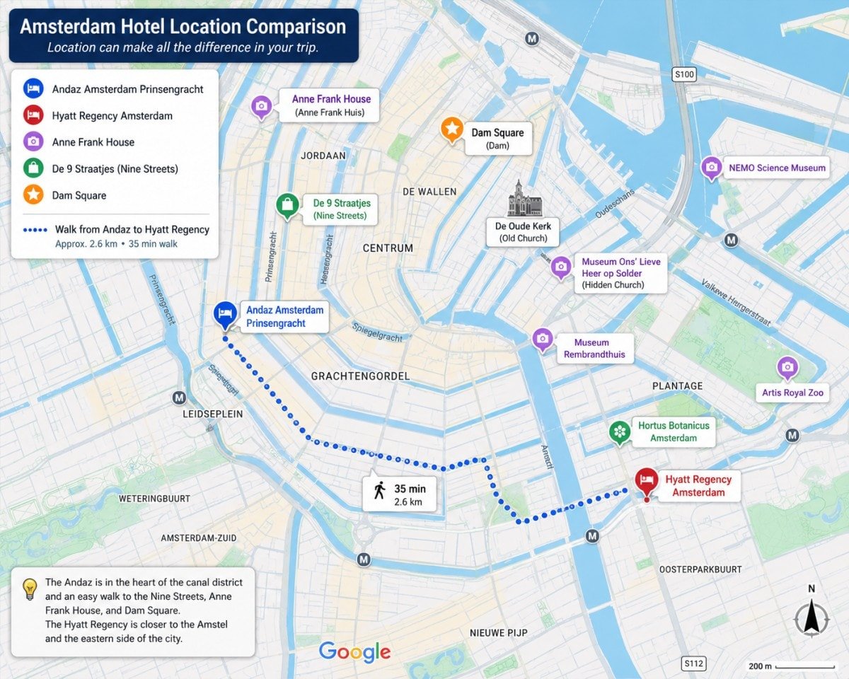 Map comparing the locations of Andaz Amsterdam Prinsengracht and Hyatt Regency Amsterdam relative to the Nine Streets, Anne Frank House, and Dam Square.