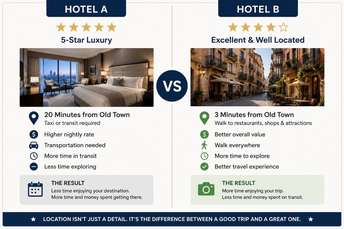 Comparison graphic showing why a well-located hotel often provides a better overall travel experience than a more luxurious hotel farther from attractions.