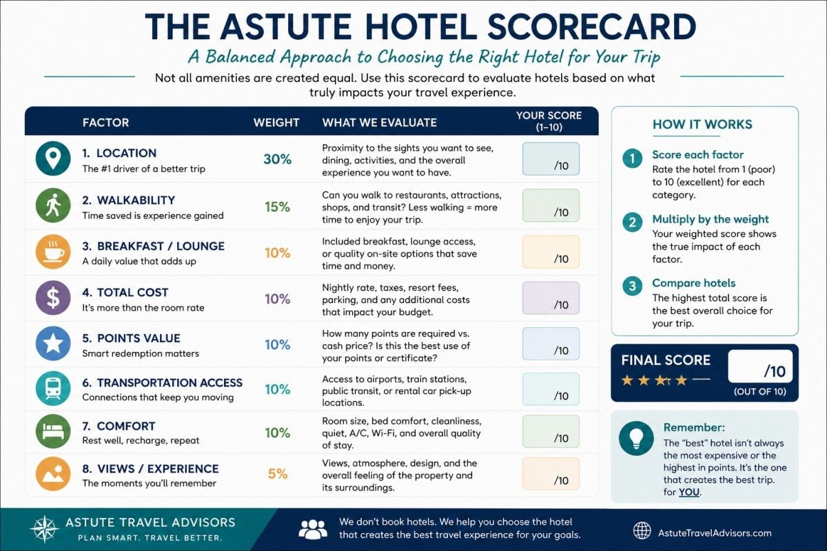 Astute Hotel Scorecard showing a weighted framework for evaluating hotels based on location, walkability, breakfast, cost, points value, transportation, comfort, and overall experience.