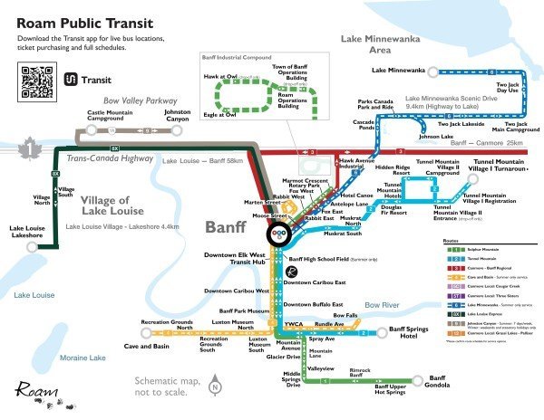 Roam Transit map showing bus routes between Banff, Johnston Canyon, Lake Louise and the Banff Gondola