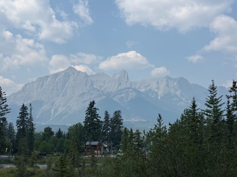 Canadian Rockies mountain view from the Rose and Crown patio in Canmore, Alberta