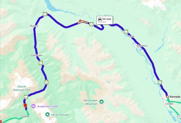 Map of the Day 2 scenic driving route from Golden to Rogers Pass in British Columbia