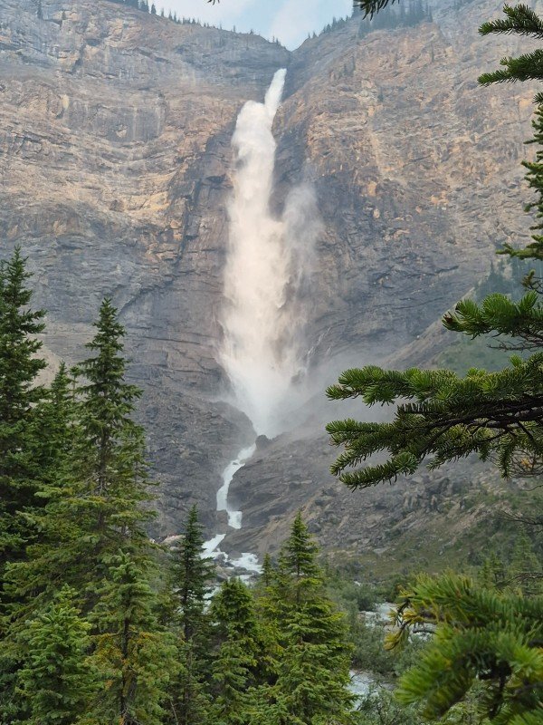 Takakkaw Falls cascading down a steep mountain cliff in Yoho National Park