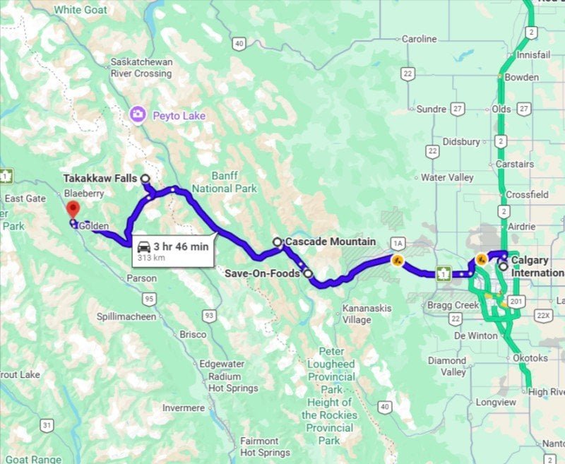 Map of our Calgary to Golden driving route via Canmore and Takakkaw Falls