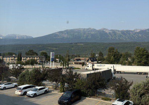 Mountain view from the Ramada Limited Golden hotel room in Golden, British Columbia