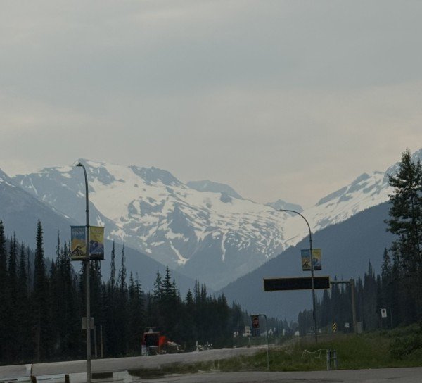 Snow-covered peaks and glaciers along the Trans-Canada Highway near Rogers Pass, British Columbia