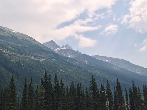 Mountain peaks and evergreen forest along the drive to Rogers Pass in Glacier National Park, British Columbia