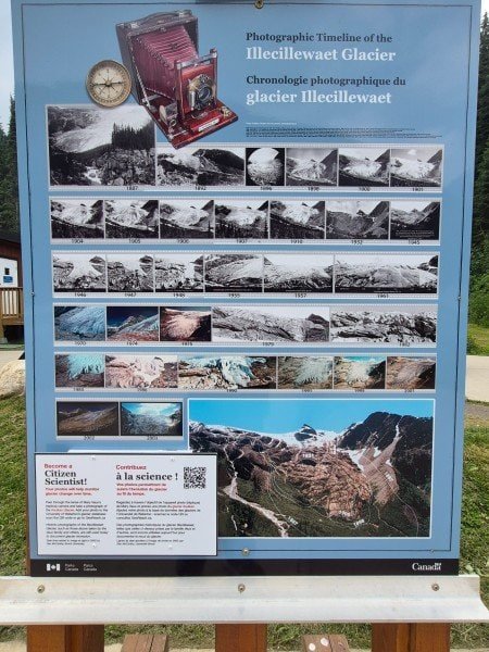 Photographic timeline showing the retreat of Illecillewaet Glacier at Rogers Pass in Glacier National Park