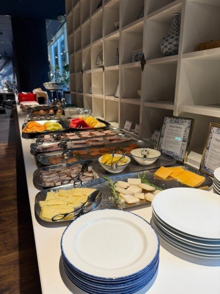 Breakfast buffet with fruit and cheese at Andaz Amsterdam