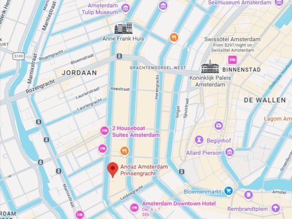 Map locating Andaz Amsterdam Prinsengracht along the canal