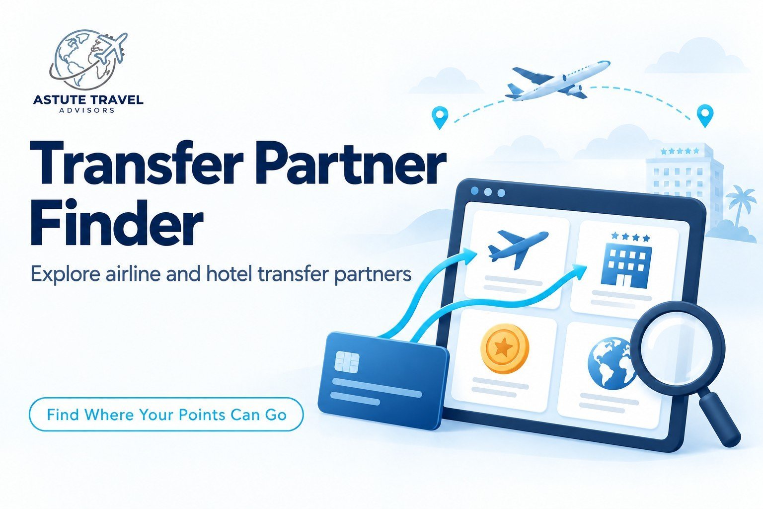 Astute Travel Advisors Transfer Partner Finder graphic showing credit card points connecting to airline and hotel programs.