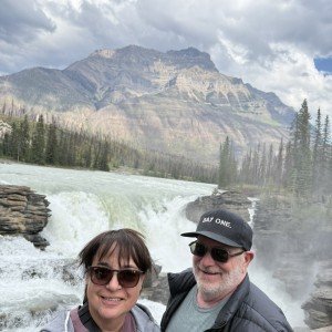 Couple at Athabasca Falls on Day 5 of our Canadian Rockies itinerary