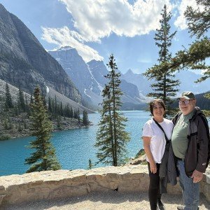 Couple at Moraine Lake on Day 6 of our Canadian Rockies itinerary