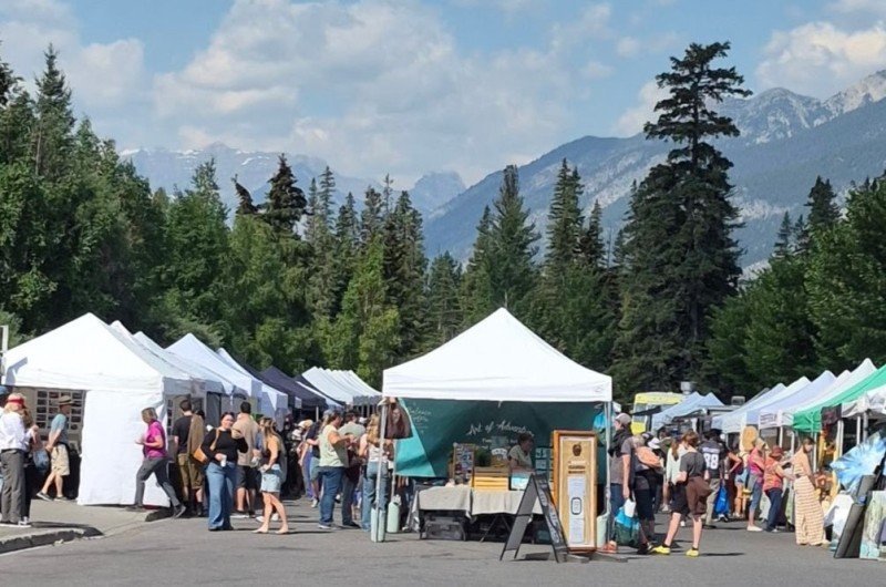 Banff Farmers Market with mountain views in Banff, Alberta