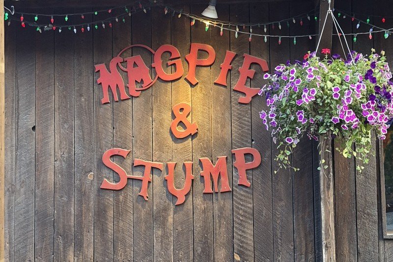 Magpie and Stump restaurant sign in downtown Banff