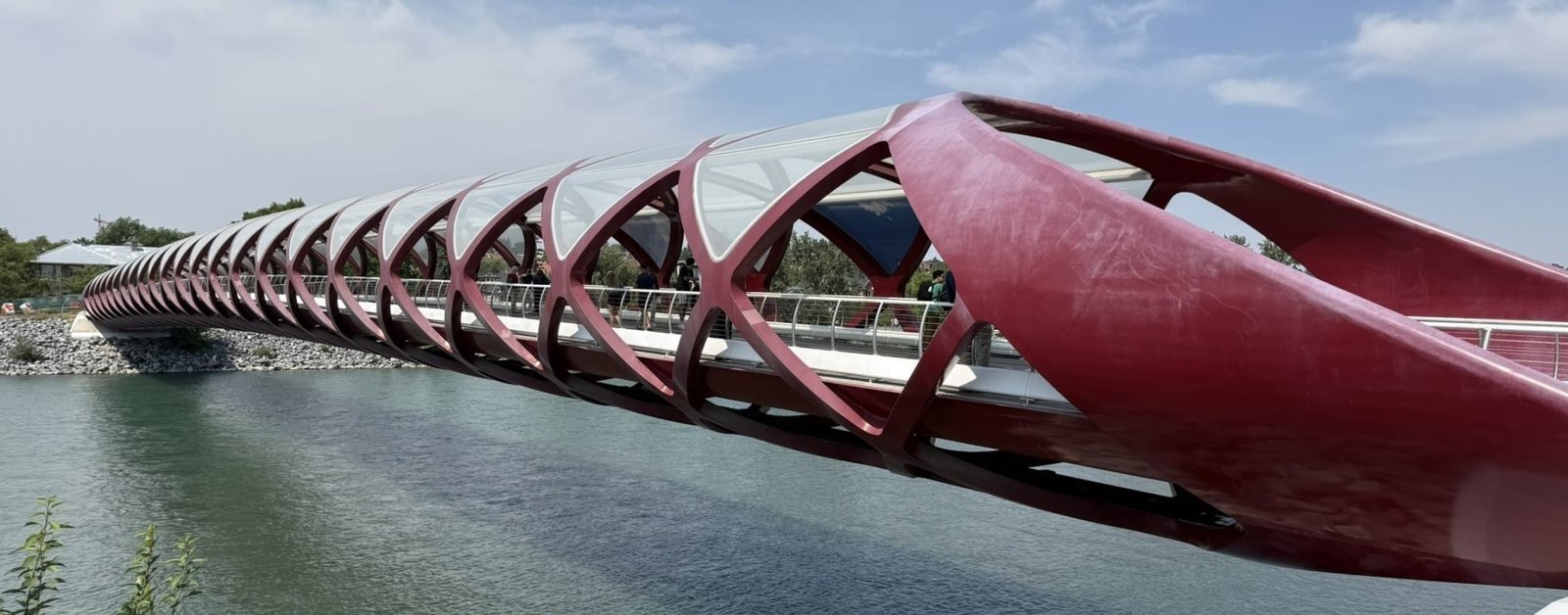 Red Peace Bridge spanning the Bow River in Calgary, Alberta