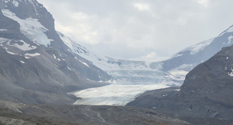 Glacier flowing through a mountain valley at the Columbia Icefield