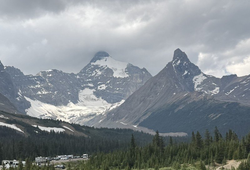 Rocky mountain peaks and glaciers at the Columbia Icefield