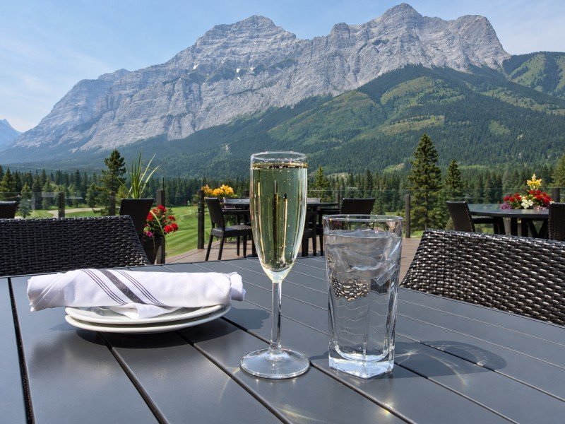 Patio table overlooking the Canadian Rockies at Kananaskis Country Golf Course