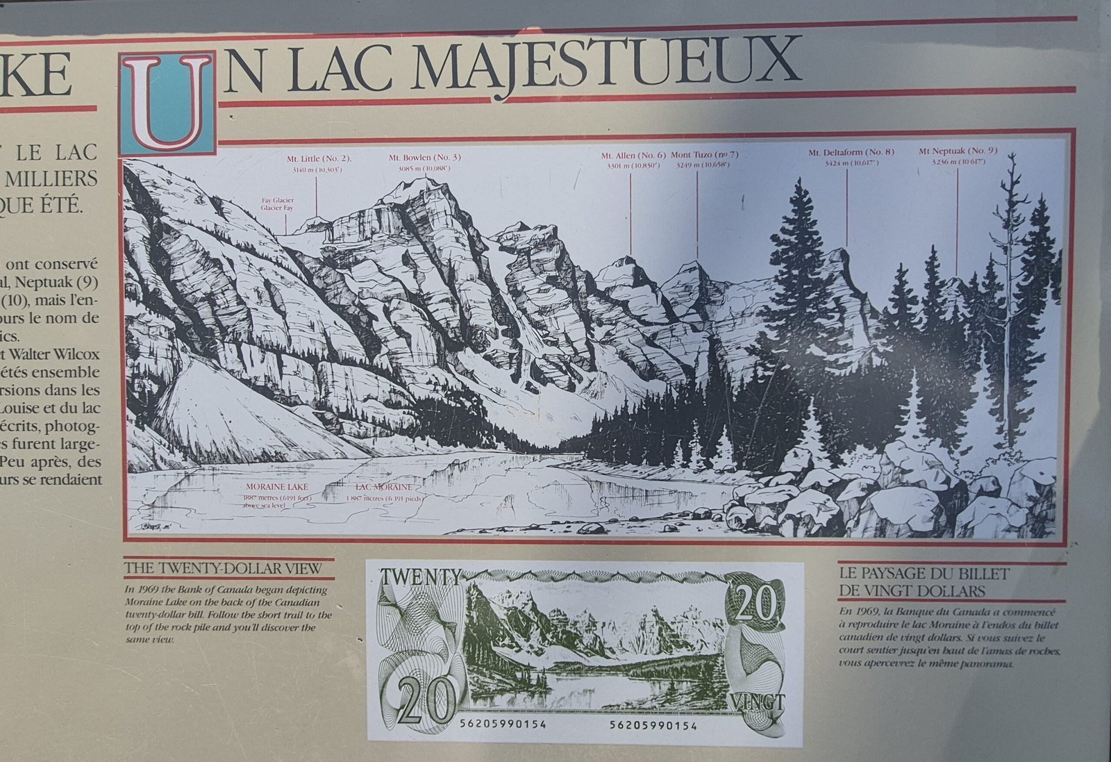 Moraine Lake Valley of the Ten Peaks view featured on the Canadian twenty-dollar bill