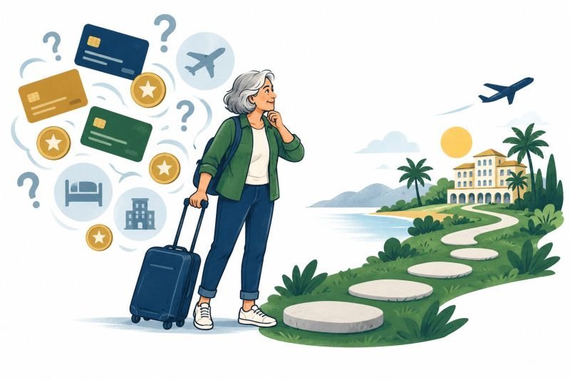 Woman with a suitcase facing stepping stones toward a seaside hotel, with credit cards and question marks behind her.