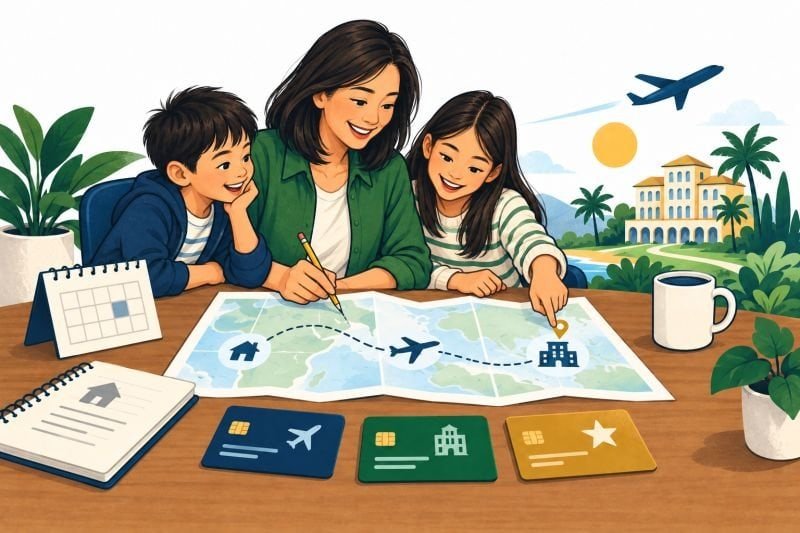 Mother and two children planning a trip with a route map, calendar, and airline, hotel, and flexible rewards cards.