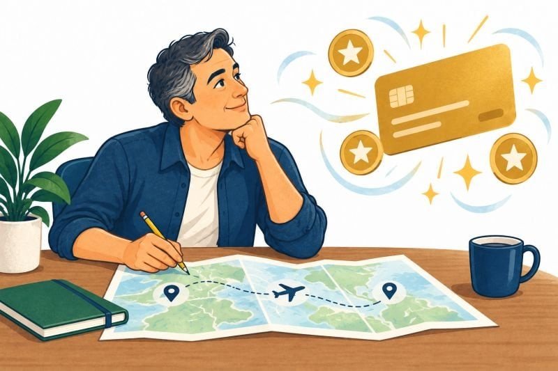 Man distracted from his travel map by a sparkling gold credit card and reward tokens.