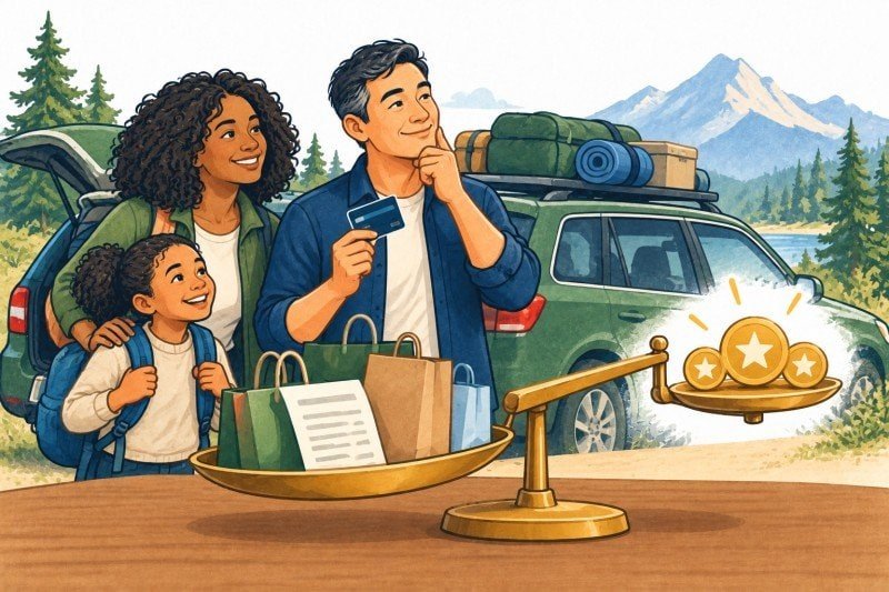 Family beside a car loaded with camping gear, with shopping bags and a bill outweighing reward tokens on a scale.
