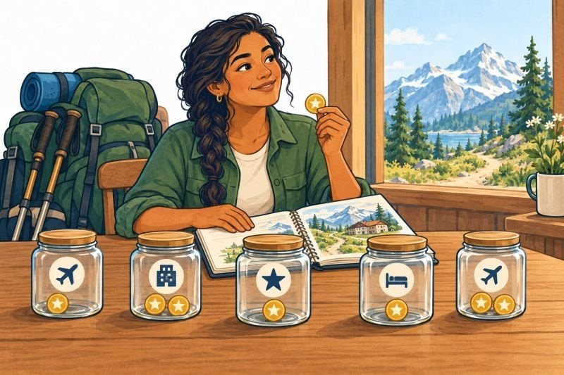 Woman planning a hiking trip with small rewards balances spread across five jars marked with travel and rewards symbols.