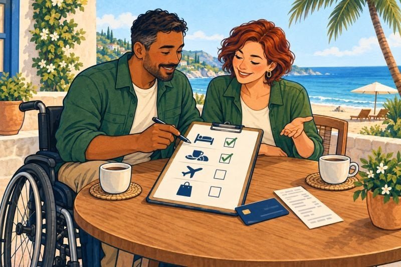 Couple reviewing a credit card benefits checklist at a seaside table, with the man seated in a wheelchair.